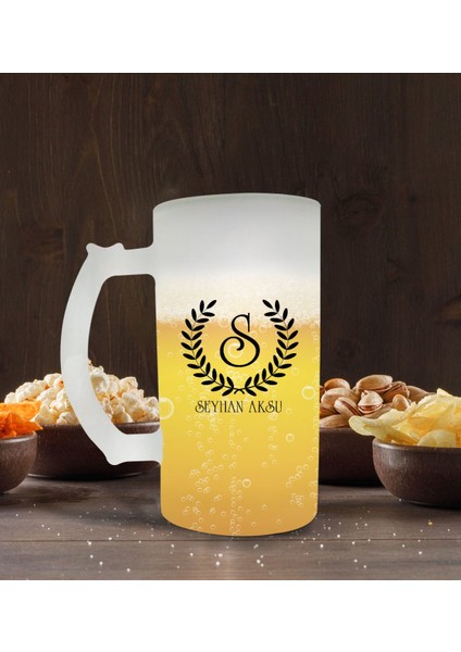 Kişiye Özel Çelenk Baş Harfli Isimli Buzlu Cam Bira Bardağı 50CL-5