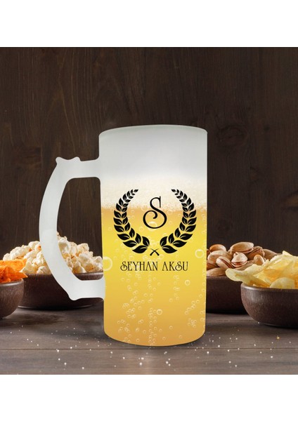 Kişiye Özel Çelenk Baş Harfli Isimli Buzlu Cam Bira Bardağı 50CL-1