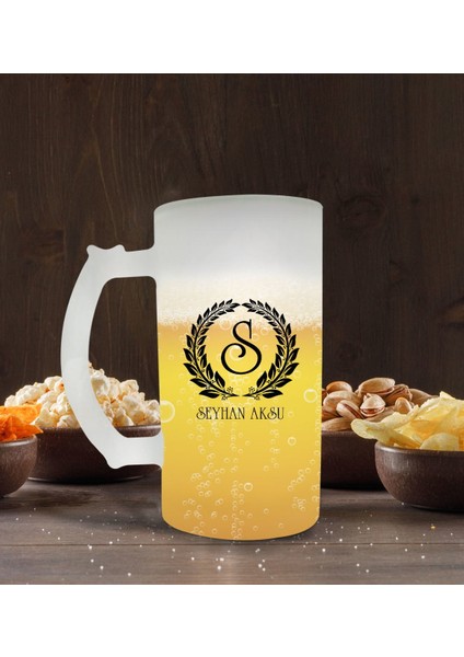 Kişiye Özel Çelenk Baş Harfli Isimli Buzlu Cam Bira Bardağı 50CL-6