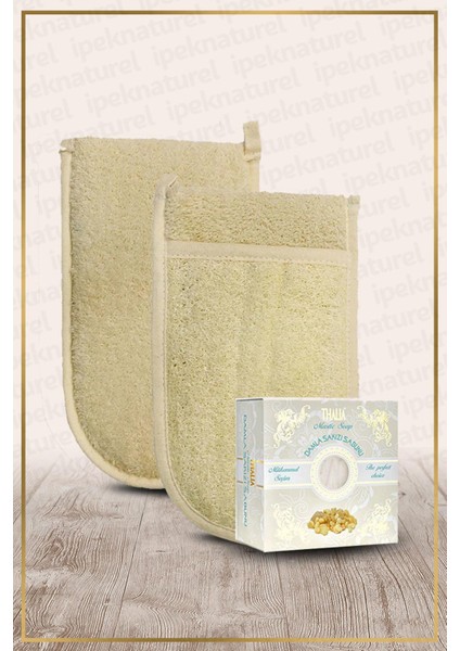 Ipek Naturel Kabak Lifi Kese Çift Taraflı El Geçmeli + Damla Sakızı Sabunu Banyo Hamam Kesesi Spa Seti