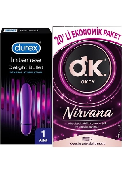 Intense Delight Bullet Titreşimli Vibratör + Okey Nirvana Uyarıcı Etkili Prezervatif 20 Li Set