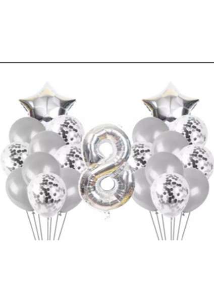 8 Yaş Konfetili Balon Doğum Günü Seti Gümüş