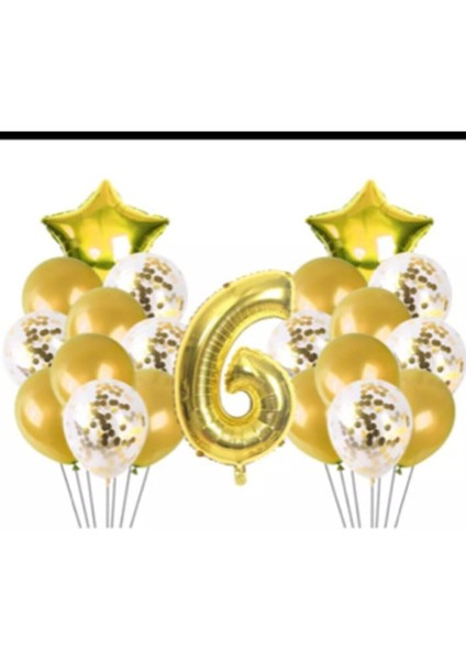 6 Yaş Gold Konfetili Şeffaf Balon Seti Doğum Günü Seti