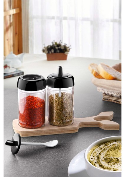 Yaprak Ahşap Standlı 2'li Baharatlık Sofra Sunum Seti - 300ML (3 Parça)