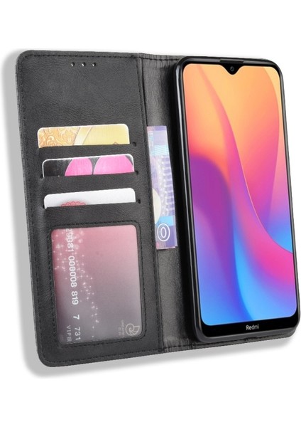 Xiaomi Redmi 8A Için Retro Tarzı Pu Deri Cüzdan Tasarım Telefon Kılıfı - Siyah (Yurt Dışından)