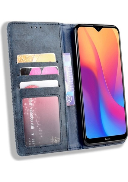 Xiaomi Redmi 8A Için Retro Tarzı Pu Deri Cüzdan Tasarım Telefon Kılıfı - Mavi (Yurt Dışından)