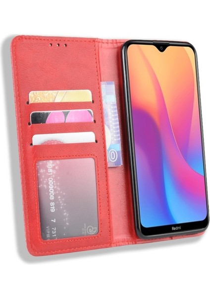 Xiaomi Redmi 8A Için Retro Tarzı Pu Deri Cüzdan Tasarım Telefon Kılıfı - Kırmızı (Yurt Dışından)