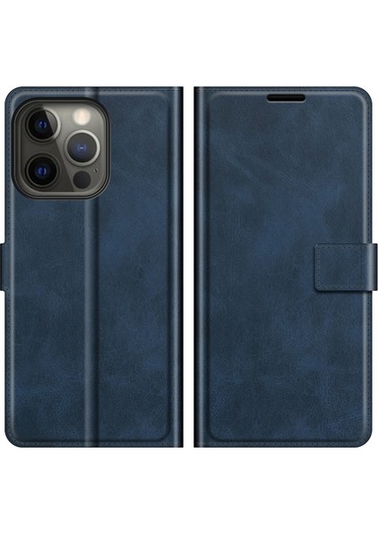 Apple iPhone 13 Pro Max Için Pu Deri Standlı Manyetik Tokalı Telefon Kılıfı - Mavi (Yurt Dışından)