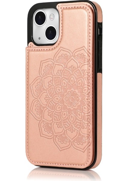 Apple iPhone 13 Mini Için Pu Deri Kaplamalı Tpu Mandala Çiçek Desenli Standlı Çizilmeye Dayanıklı Telefon Kılıfı - Gül Altın (Yurt Dışından)