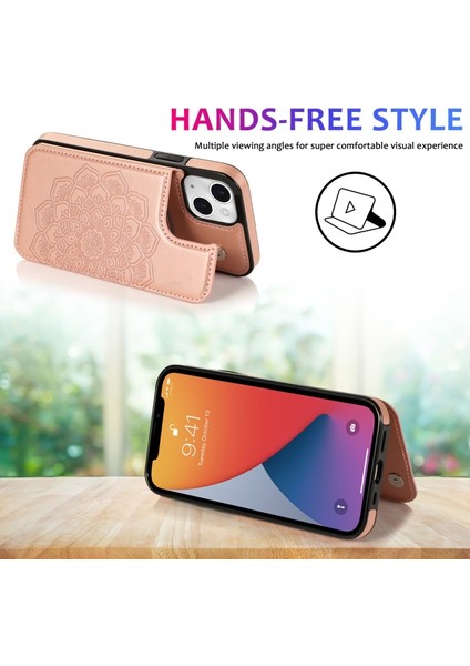 Apple iPhone 13 Mini Için Pu Deri Kaplamalı Tpu Mandala Çiçek Desenli Standlı Çizilmeye Dayanıklı Telefon Kılıfı - Gül Altın (Yurt Dışından)