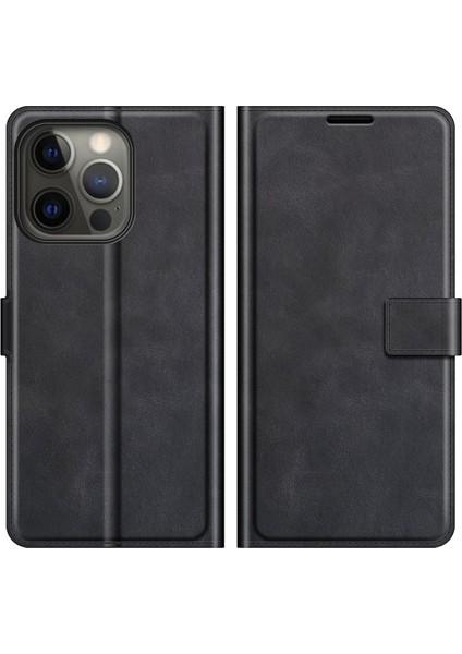 Apple iPhone 13 Pro Için Pu Deri Standlı Cüzdan Tasarımlı Telefon Kılıfı - Siyah (Yurt Dışından)