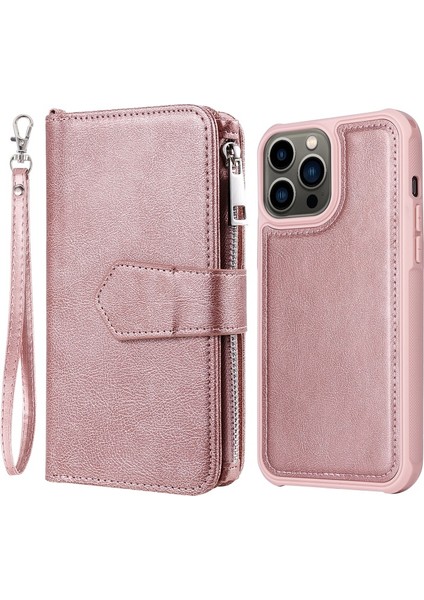 Apple iPhone 13 Pro Için Pu Deri + Tpu Cüzdan Tasarımlı Standlı Fermuarlı Telefon Kılıfı - Gül Altın (Yurt Dışından)