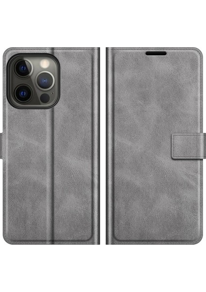 Apple iPhone 13 Pro Için Pu Deri Standlı Cüzdan Tasarımlı Telefon Kılıfı - Gri (Yurt Dışından)