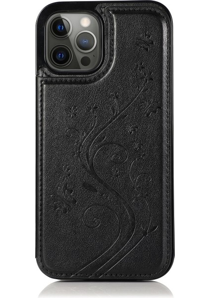 Apple iPhone 13 Pro Için Pu Deri Kaplamalı Tpu Manyetik Çiçek Desenli Standlı Çizilmeye Dayanıklı Telefon Kılıfı - Siyah (Yurt Dışından)
