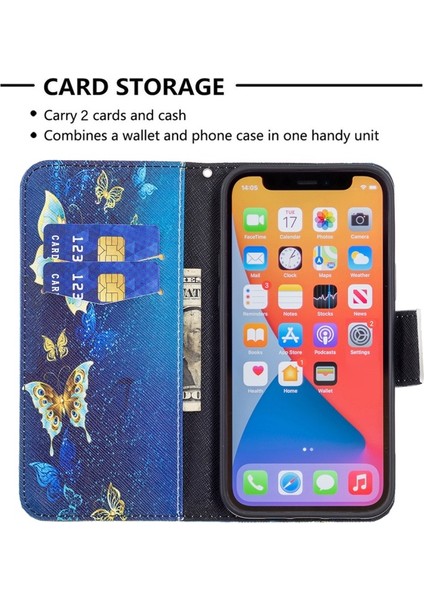 Apple iPhone 13 Pro Için Pu Deri Desenli Cüzdan Tasarımlı Standlı Manyetik Kılıf - Altın Kelebekler (Yurt Dışından)
