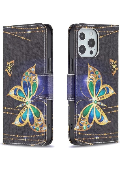 Apple iPhone 13 Pro Için Pu Deri Desenli Cüzdan Tasarımlı Standlı Manyetik Kılıf - Kelebekler (Yurt Dışından)