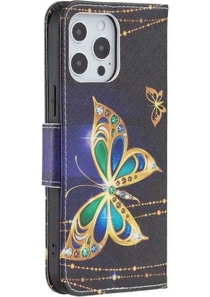 Apple iPhone 13 Pro Için Pu Deri Desenli Cüzdan Tasarımlı Standlı Manyetik Kılıf - Kelebekler (Yurt Dışından)