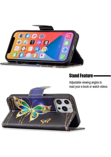 Apple iPhone 13 Pro Için Pu Deri Desenli Cüzdan Tasarımlı Standlı Manyetik Kılıf - Kelebekler (Yurt Dışından)