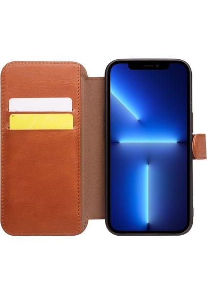 Apple iPhone 13 Pro Için Cüzdan Tasarımlı Sığır Derisi Kaplamalı Tpu Telefon Kılıfı - Kahverengi (Yurt Dışından) fırsatları