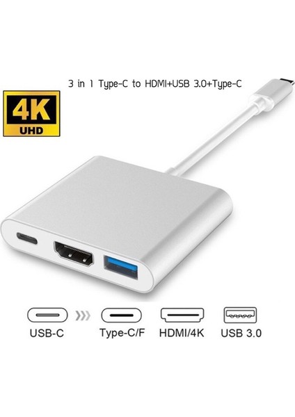 VİZY10 Dizüstü Bilgisayar Uyumlu 4K Full Hd C Tipi - HDMI Kablo Çevirici Çoklayıcı USB 3.1 C Tipi - HDMI 3'ü 1 Arada Destek 1080P 3D Dönüştürücü Kablosu