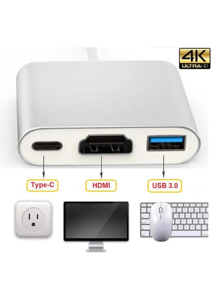 VİZY10 Dizüstü Bilgisayar Uyumlu 4K Full Hd C Tipi - HDMI Kablo Çevirici Çoklayıcı USB 3.1 C Tipi - HDMI 3'ü 1 Arada Destek 1080P 3D Dönüştürücü Kablosu