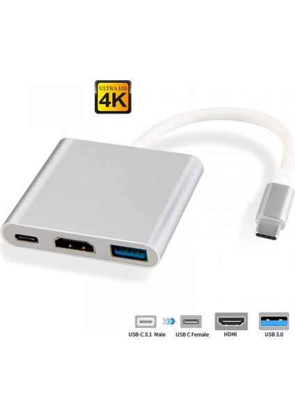 VİZY10 Dizüstü Bilgisayar Uyumlu 4K Full Hd C Tipi - HDMI Kablo Çevirici Çoklayıcı USB 3.1 C Tipi - HDMI 3'ü 1 Arada Destek 1080P 3D Dönüştürücü Kablosu