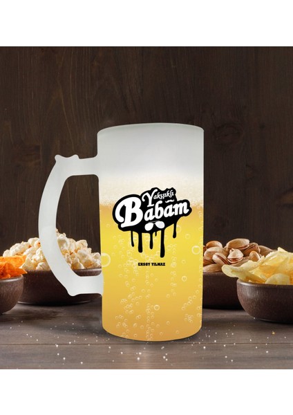 Kişiye Özel Yakışıklı Babam Tasarımlı Buzlu Cam Bira Bardağı 50CL-1