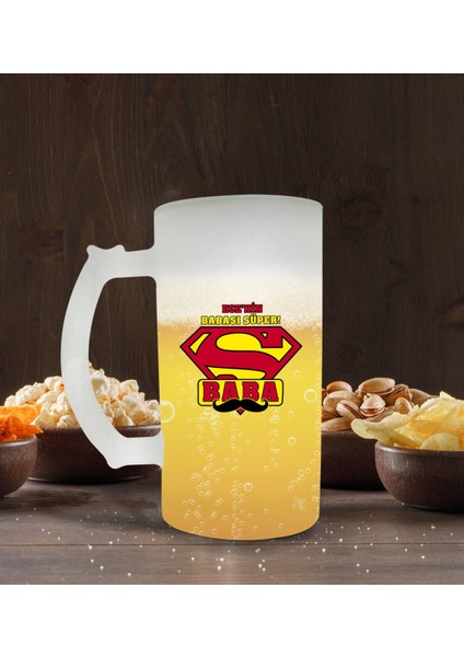 Kişiye Özel Süper Baba Tasarımlı Buzlu Cam Bira Bardağı 50CL-3