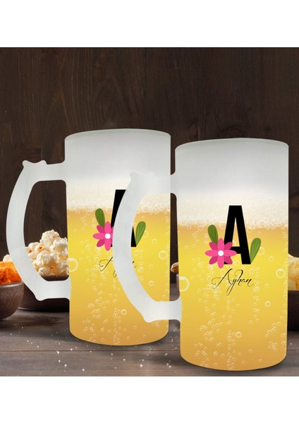 Kişiye Özel Harf ve Isim Tasarımlı 2’li Buzlu Cam Bira Bardağı 50CL-4