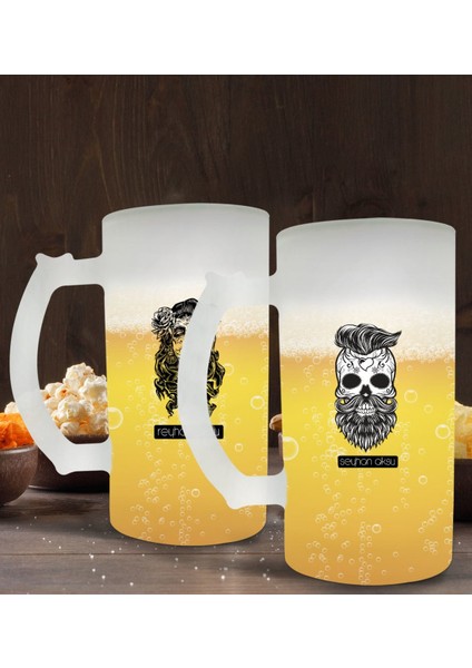 Kişiye Özel Erkek ve Kadın Kurukafa Tasarımlı 2’li Buzlu Cam Bira Bardağı 50CL-2