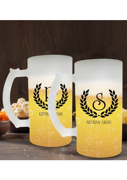 Kişiye Özel Çelenk Baş Harfli Isimli 2’li Buzlu Cam Bira Bardağı 50CL-3