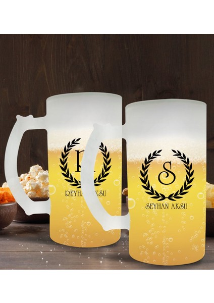 Kişiye Özel Çelenk Baş Harfli Isimli 2’li Buzlu Cam Bira Bardağı 50CL-2