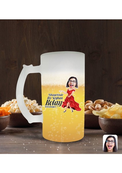 Kişiye Özel Kadın Kolay Yetişmiyor Karikatürlü Buzlu Cam Bira Bardağı 50CL-1