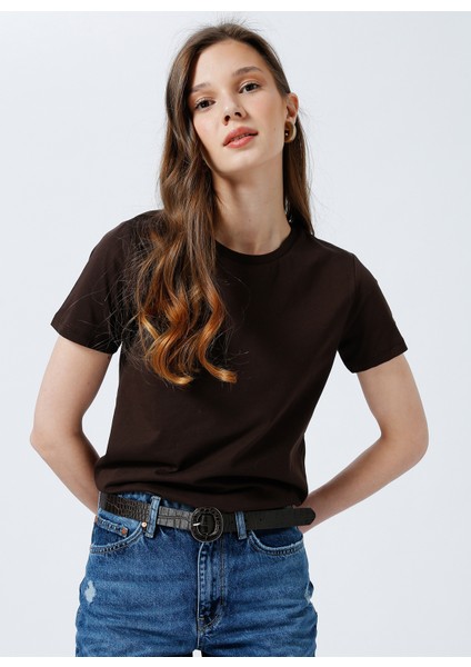 Bisiklet Yaka Düz Kahve Kadın T-Shirt TENGIZ fırsatları