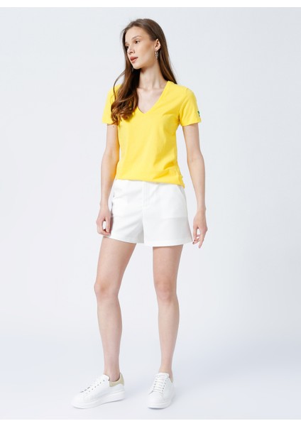 V Yaka Düz Sarı Kadın T-Shirt TEYO indirimleri