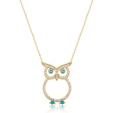 925 Ayar Gümüş Gold Kaplama Mineli Nazar Gözlü Baykuş Kolye