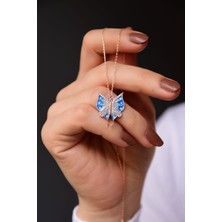 925 Ayar Gümüş Rose Kaplama Mavi Mineli Beyaz Taşlı Kelebek Kolye