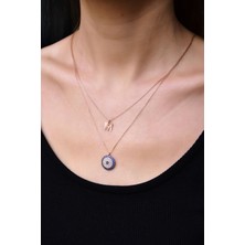 925 Ayar Gümüş Rose Kaplama Asansörlü Kristal Kesim Harf ve Nazar Kolye