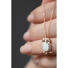 925 Ayar Gümüş Rose Kaplama Beyaz Opal Taşlı Baykuş Kolye