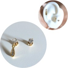Bylin Cerrahi Çelik Damla Charmlı & Tek Taşlı Ikili Gold Piercing Set- 2 Adet - 6 mm