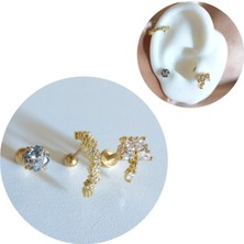 Bylin Cerrahi Çelik Zarif Zirkon Taşlı Gold Piercing Set- 3 Adet - 6 mm