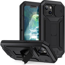 R-Just iPhone 13 Mini Için Dahili Temperli Cam Ekran Koruyuculu Standlı Suya Toza Darbeye Dayanıklı Metal Kılıf - Siyah  (Yurt Dışından)