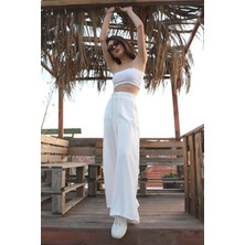 Vpr Moda Geniş Kemerli Bol Paça Düz Keten Kadın Pantolon