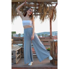Vpr Moda Geniş Kemerli Bol Paça Düz Keten Kadın Pantolon