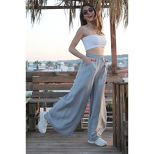 Vpr Moda Geniş Kemerli Bol Paça Düz Keten Kadın Pantolon