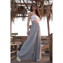 Vpr Moda Geniş Kemerli Bol Paça Düz Keten Kadın Pantolon