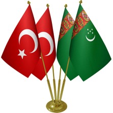 Masa Üstü Türkmenistan Bayrağı Türk Bayrağı Dörtlü Pirinç Direk Masa Bayrak Seti