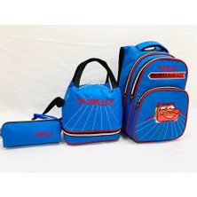 Mavi Araba Desenli Ortopedik Ilk Okul Çantası Beslenme Çantası ve Kalemlik