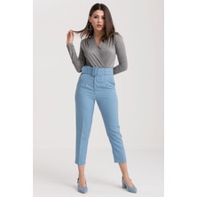 Kasheha Kadın Bebek Mavisi Kemerli Atlas Dabıl Kumaş Havuç Pantolon - KAD3325575