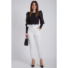 Kasheha Kadın Beyaz Kemerli Atlas Dabıl Kumaş Havuç Pantolon - KAD3325575